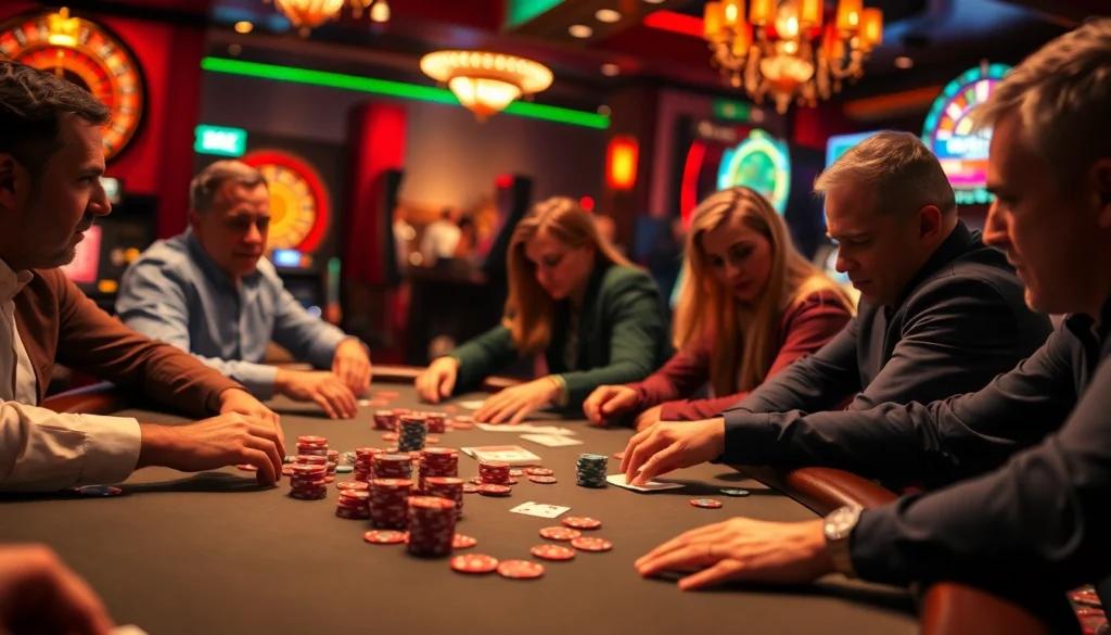 Experienced players at a poker table engaging in high-stakes action, highlighting https://8us.skin/ for online gambling.
