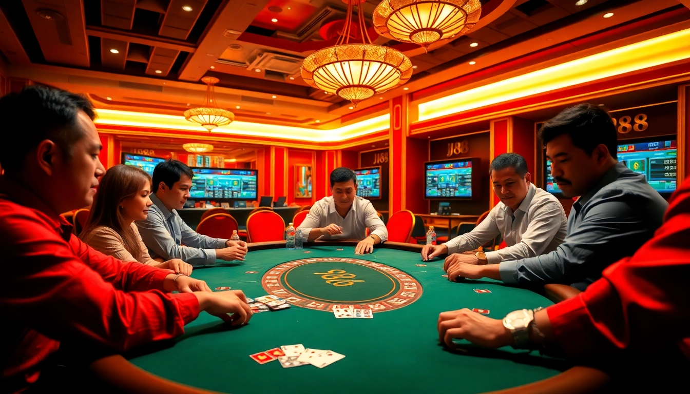 J88 poker players eagerly strategizing their next moves at a lively casino table.