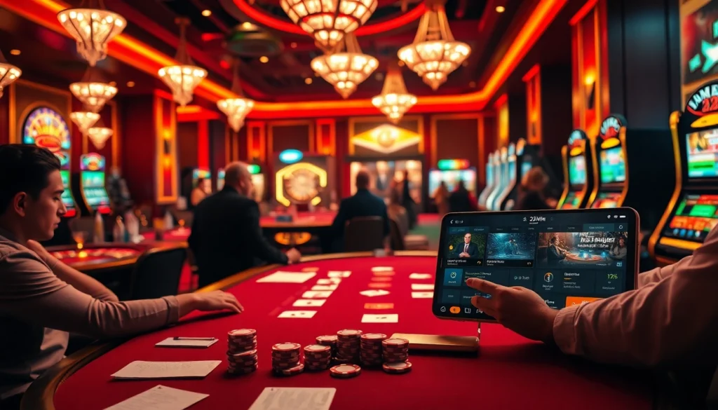 Exciting gameplay at a casino featuring 32win mobile betting app, poker strategies, and vibrant slot machines.