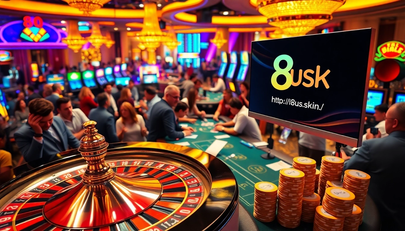 Experience the thrill of gaming at a casino, showcasing players around a roulette wheel and the excitement of betting with https://8us.skin/ online.