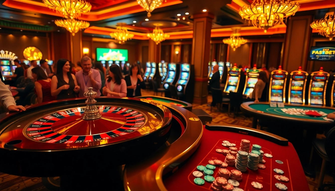 F8BET excitement at a luxurious casino with roulette, poker, and slot machines.
